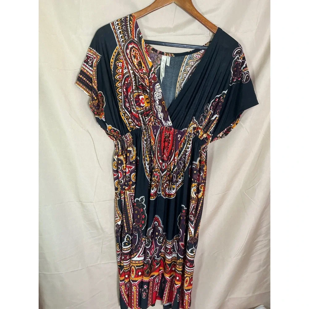 Cristina Love Paisley Empire Waist Dress Womens XL Black Red Excellent Boho Midi - Picture 6 of 12
